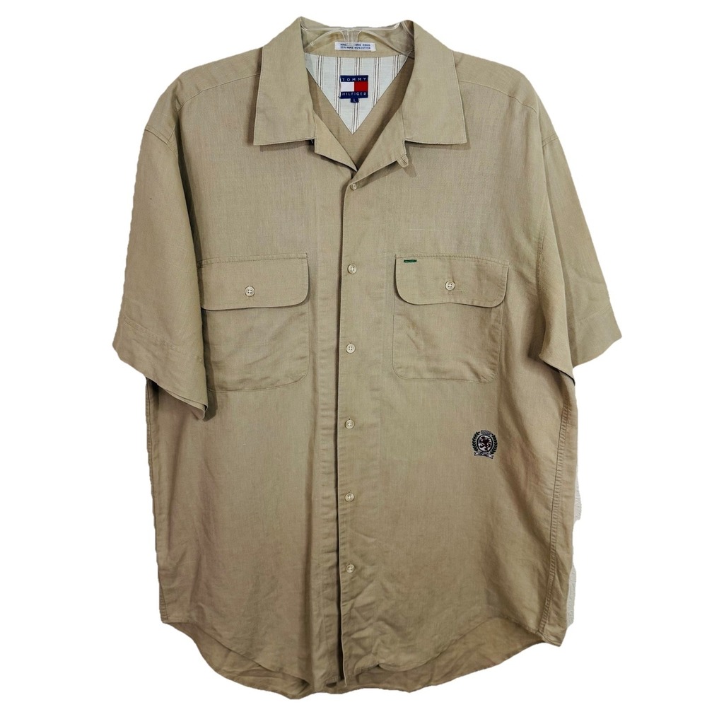 Tommy Hilfiger Mens‎ Shirt L Short Sleeve Button Down Beige Solid Logo
